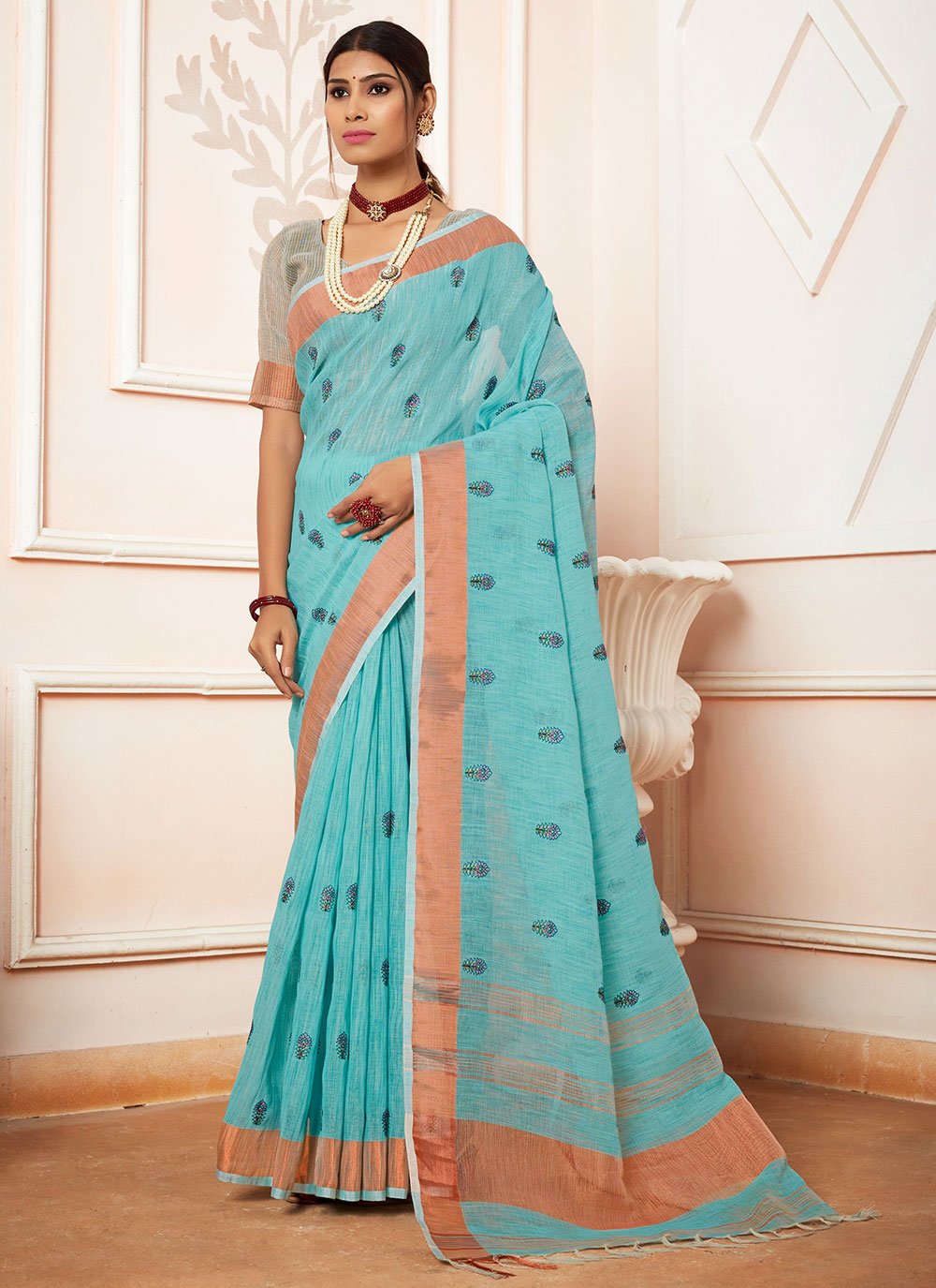 Classic Cotton Linen Aqua Blue Embroidered Saree