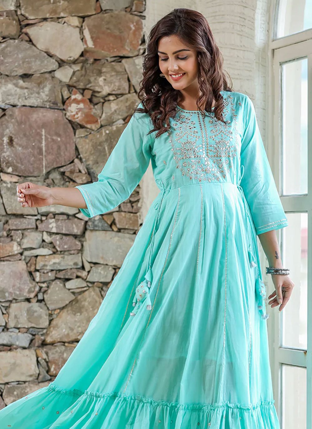 Gown Cotton Aqua Blue Embroidered Gown