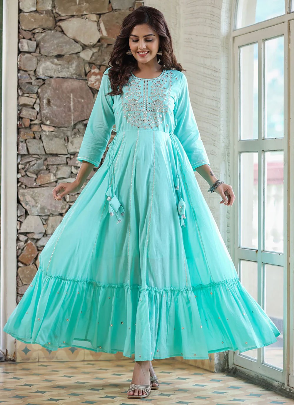 Gown Cotton Aqua Blue Embroidered Gown