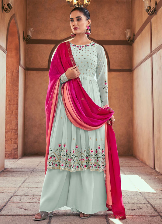 Salwar Suit Georgette Aqua Blue Embroidered Salwar Kameez