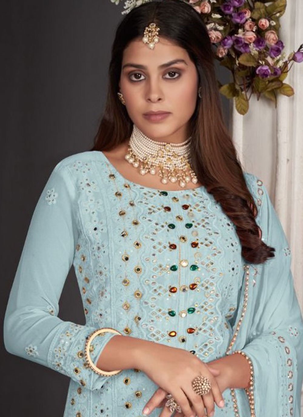 Salwar Suit Faux Georgette Aqua Blue Embroidered Salwar Kameez