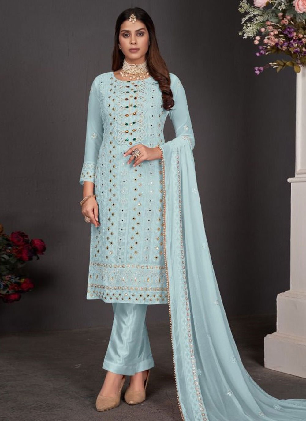Salwar Suit Faux Georgette Aqua Blue Embroidered Salwar Kameez