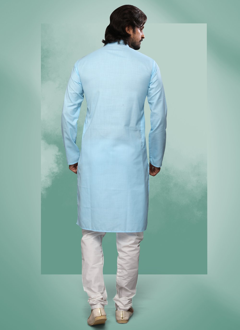 Kurta Pyjama Handloom Cotton Aqua Blue Embroidered Mens