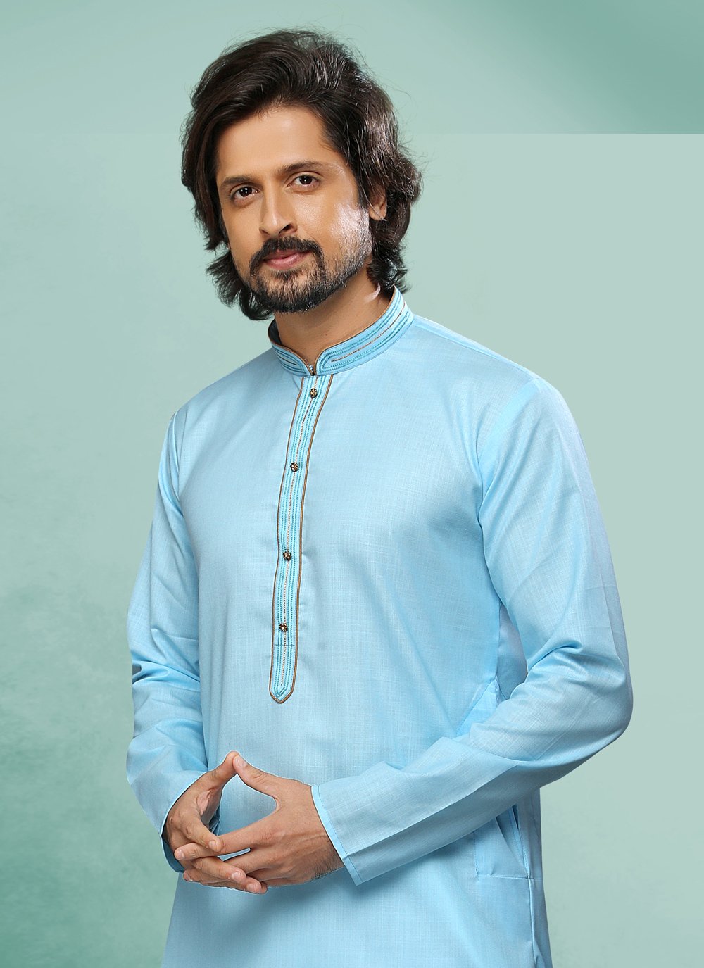 Kurta Pyjama Handloom Cotton Aqua Blue Embroidered Mens