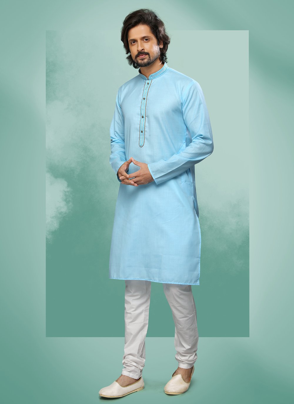 Kurta Pyjama Handloom Cotton Aqua Blue Embroidered Mens