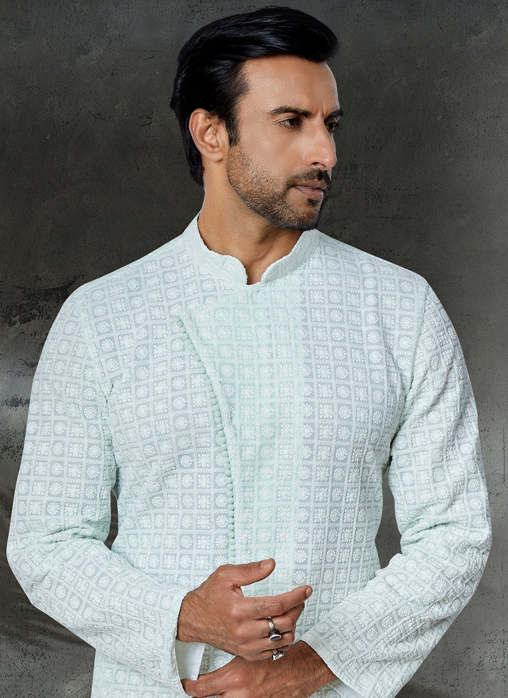 Kurta Pyjama Georgette Aqua Blue Embroidered Mens