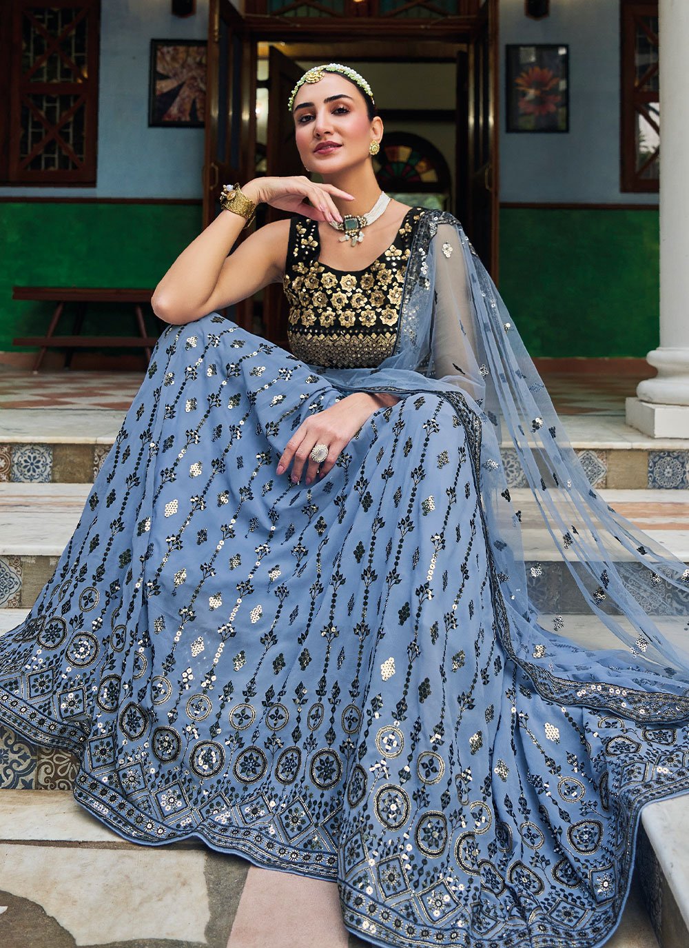 Readymade Lehenga Choli Georgette Aqua Blue Embroidered Lehenga Choli