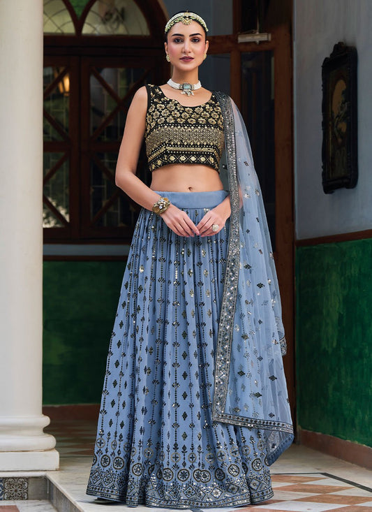 Readymade Lehenga Choli Georgette Aqua Blue Embroidered Lehenga Choli