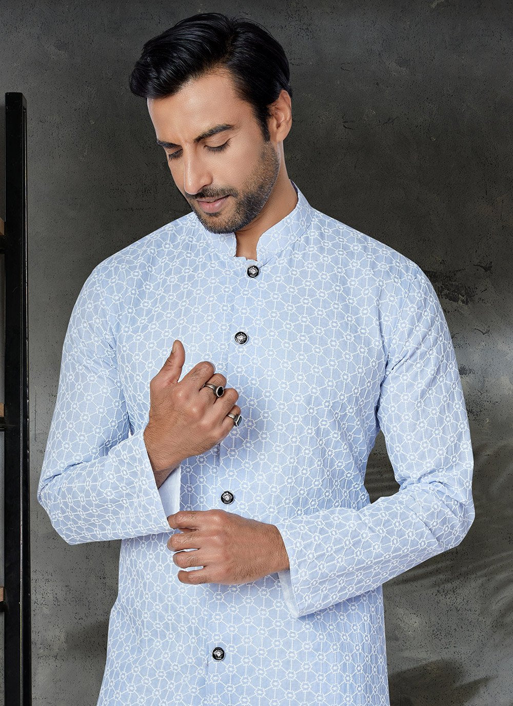 Kurta Pyjama Cotton Aqua Blue Embroidered Mens