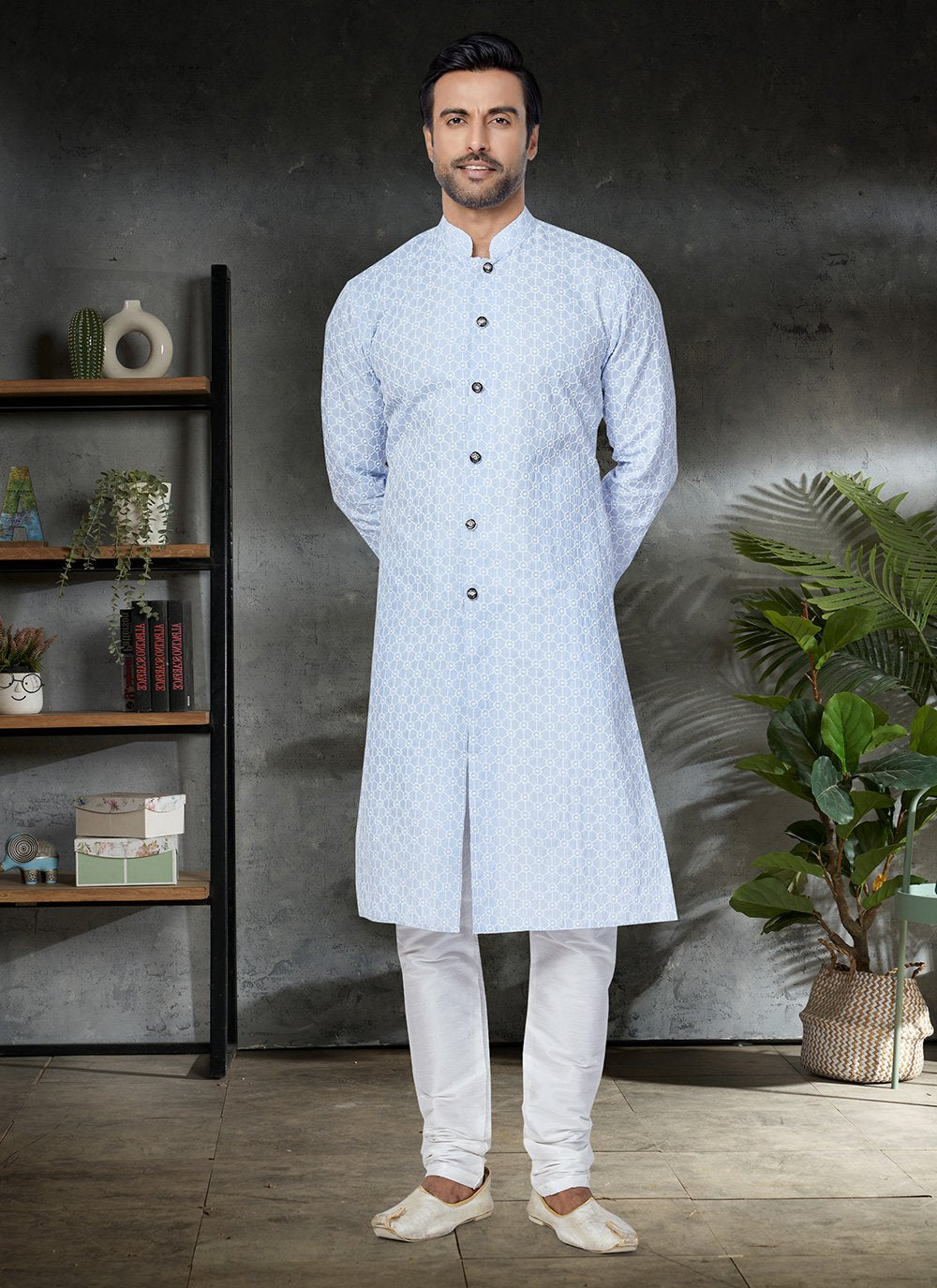 Kurta Pyjama Cotton Aqua Blue Embroidered Mens