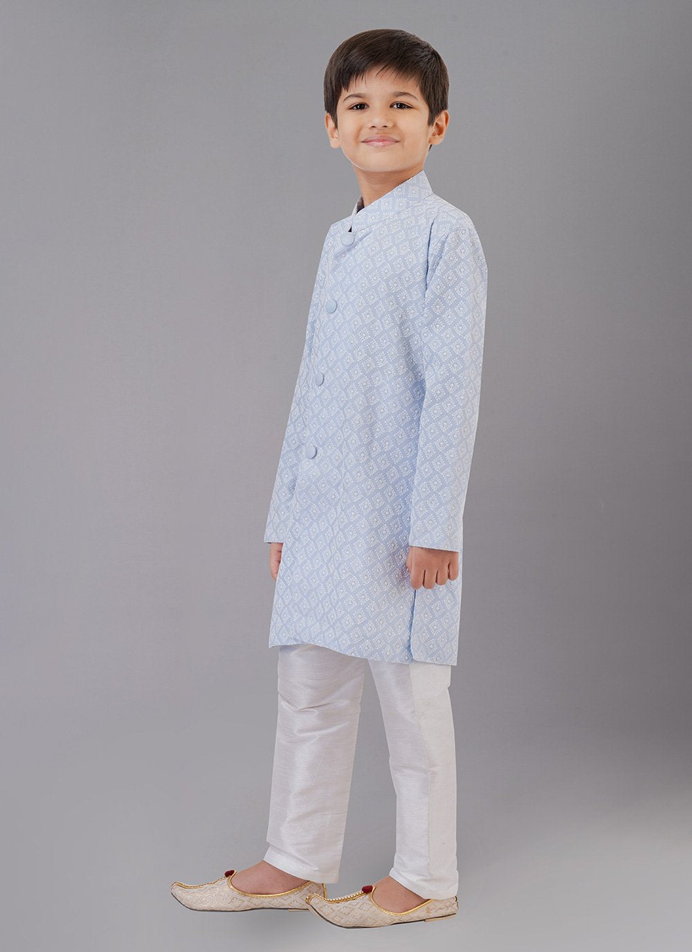Kurta Pyjama Cotton Silk Aqua Blue Embroidered Kids