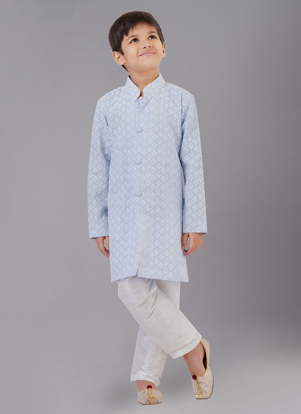 Kurta Pyjama Cotton Silk Aqua Blue Embroidered Kids