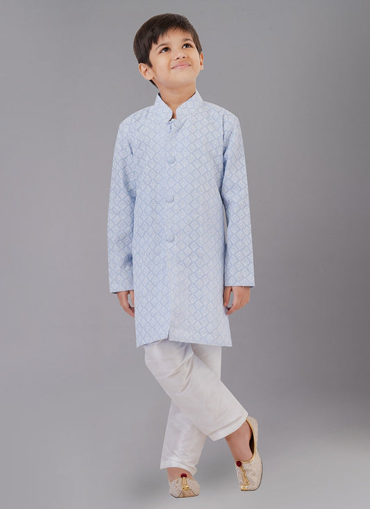 Kurta Pyjama Cotton Silk Aqua Blue Embroidered Kids