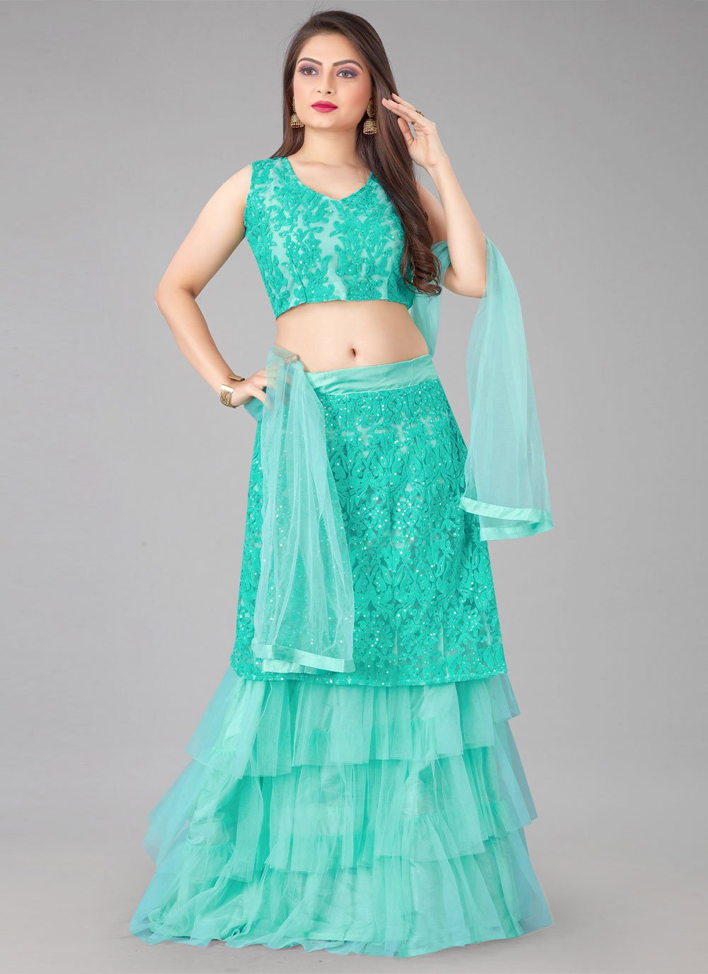 A Line Lehenga Net Aqua Blue Embroidered Lehenga Choli