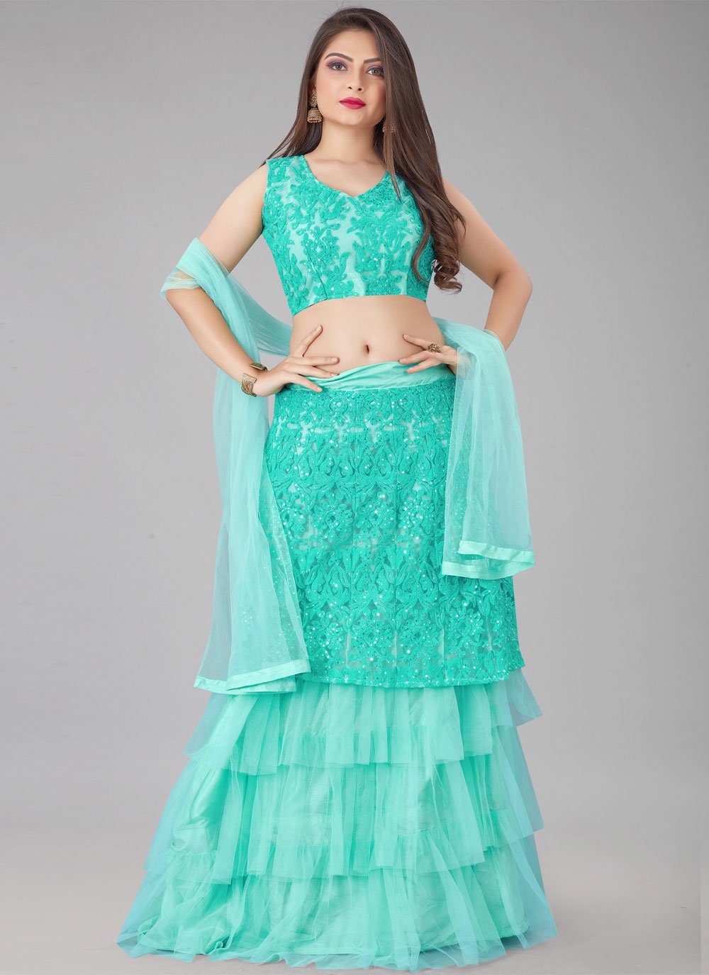 A Line Lehenga Net Aqua Blue Embroidered Lehenga Choli