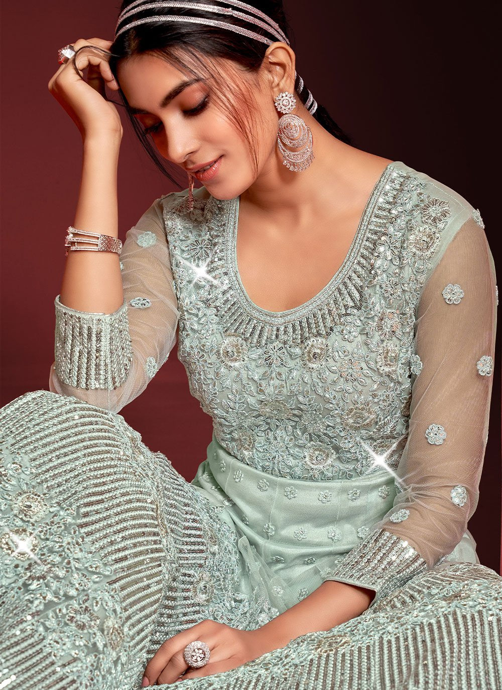 Trendy Suit Net Aqua Blue Embroidered Salwar Kameez