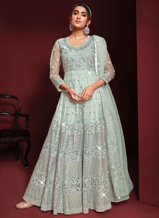 Trendy Suit Net Aqua Blue Embroidered Salwar Kameez