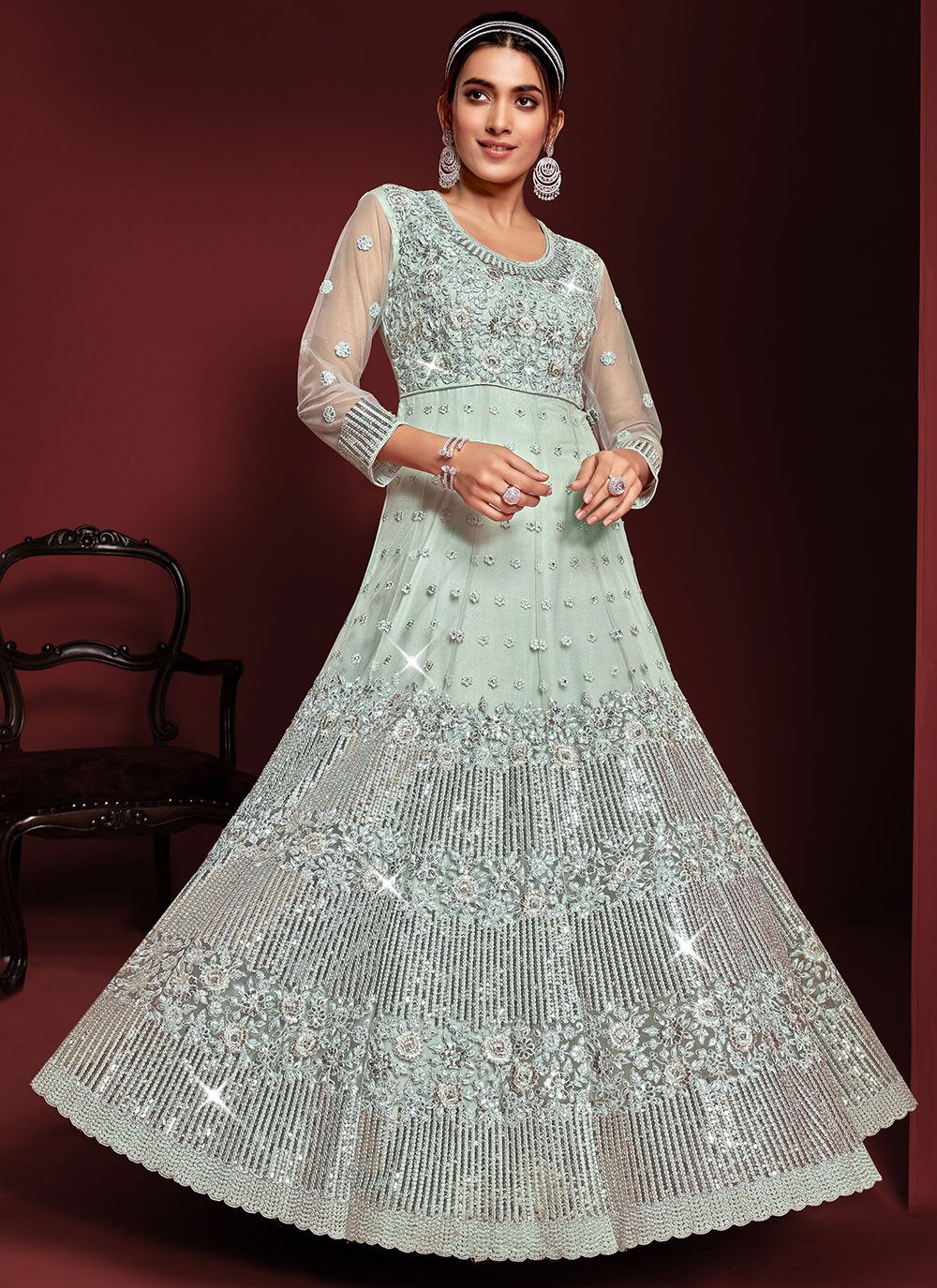 Trendy Suit Net Aqua Blue Embroidered Salwar Kameez