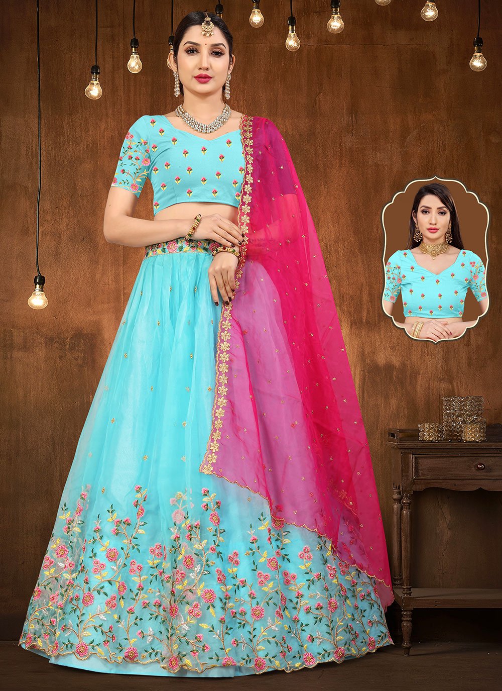 Lehenga Choli Organza Aqua Blue Embroidered Lehenga Choli