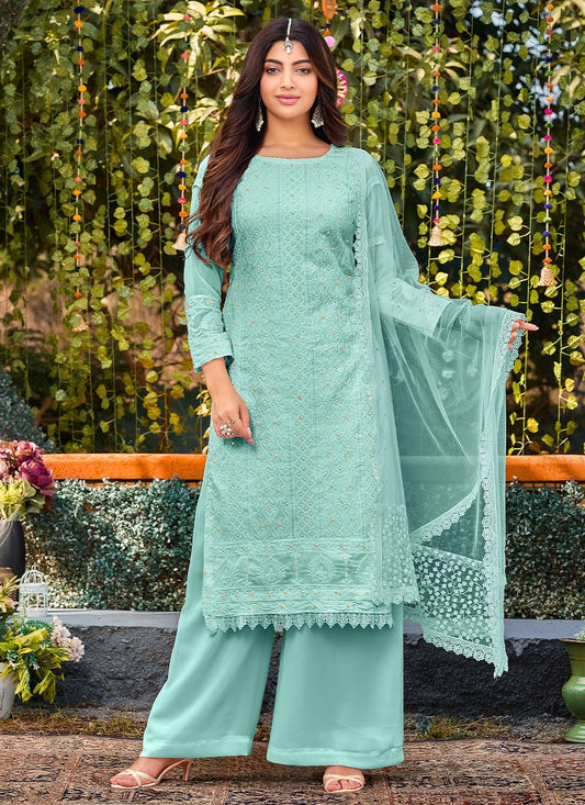 Pakistani Salwar Suit Faux Georgette Aqua Blue Embroidered Salwar Kameez