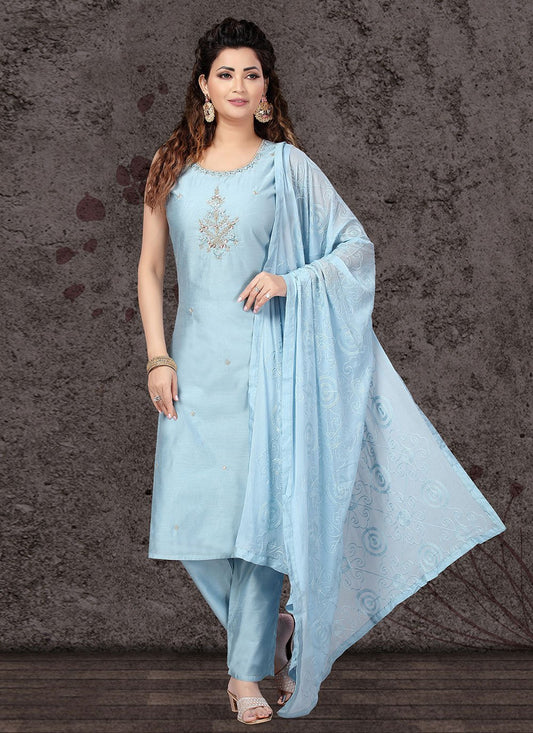 Straight Salwar Suit Art Silk Aqua Blue Embroidered Salwar Kameez