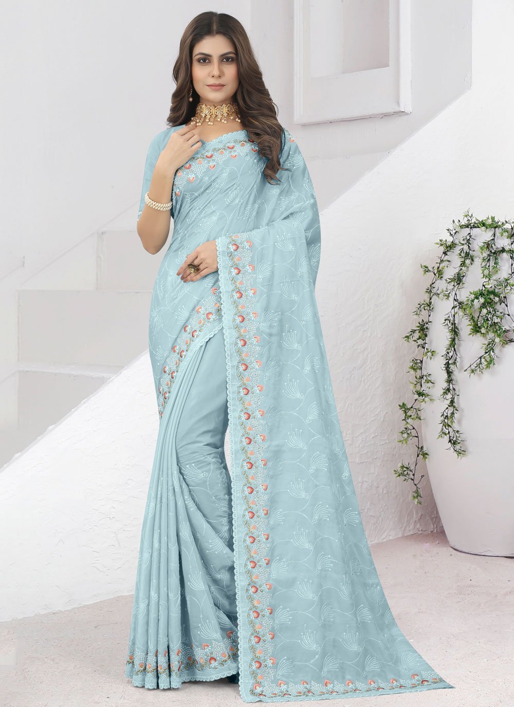 Contemporary Silk Aqua Blue Diamond Saree