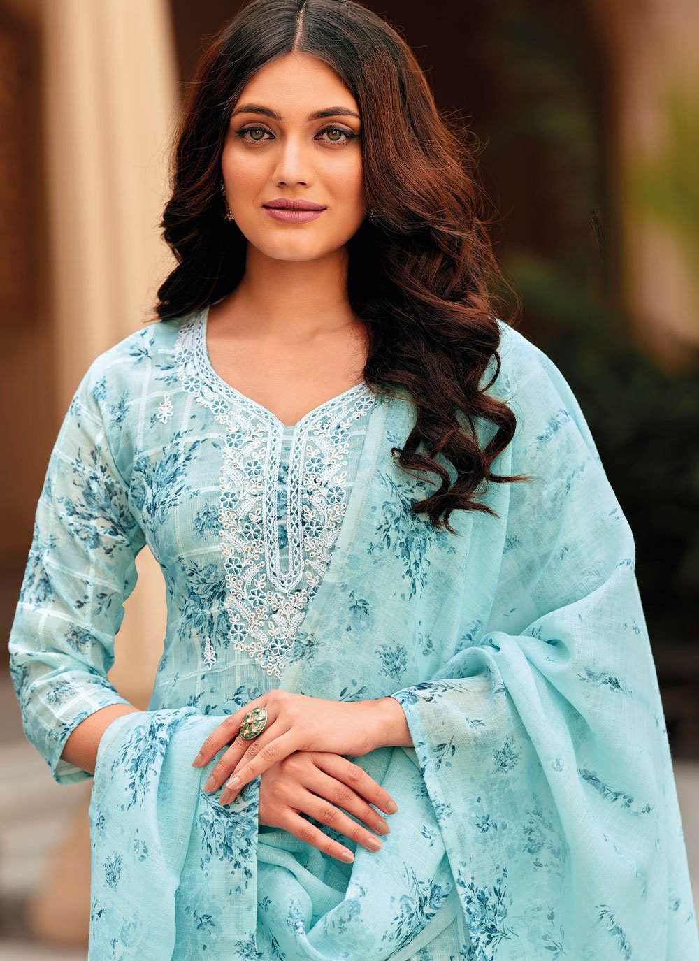 Straight Salwar Suit Linen Aqua Blue Embroidered Salwar Kameez