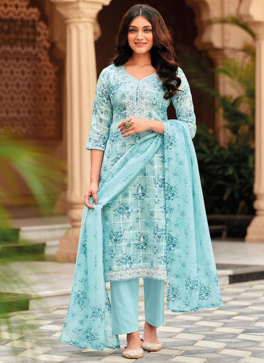 Straight Salwar Suit Linen Aqua Blue Embroidered Salwar Kameez