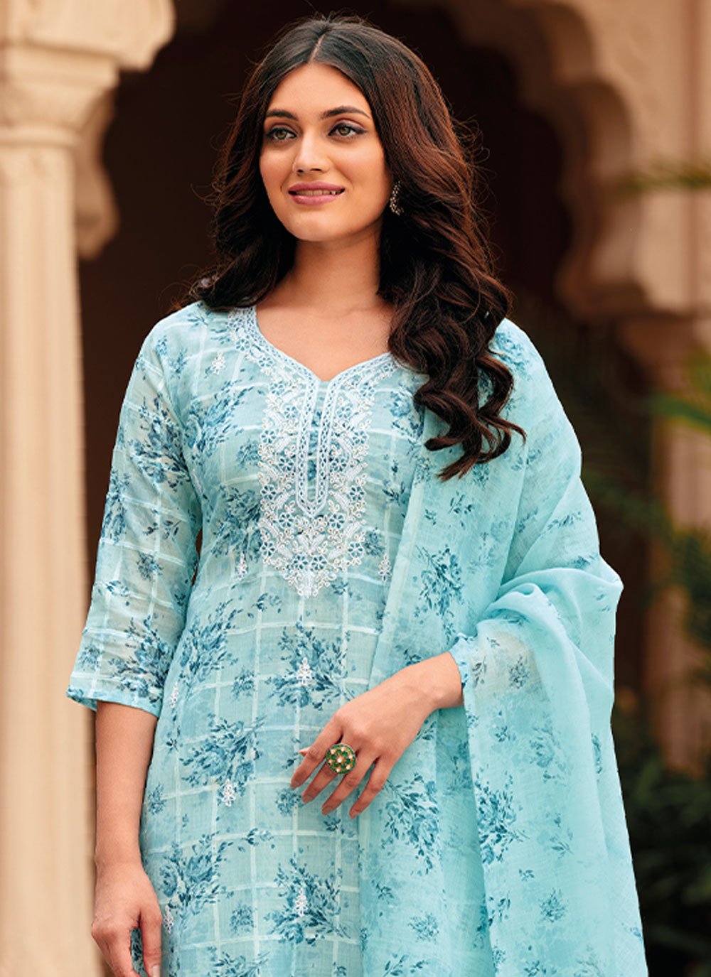 Straight Salwar Suit Linen Aqua Blue Embroidered Salwar Kameez
