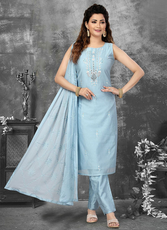 Salwar Suit Art Silk Aqua Blue Embroidered Salwar Kameez