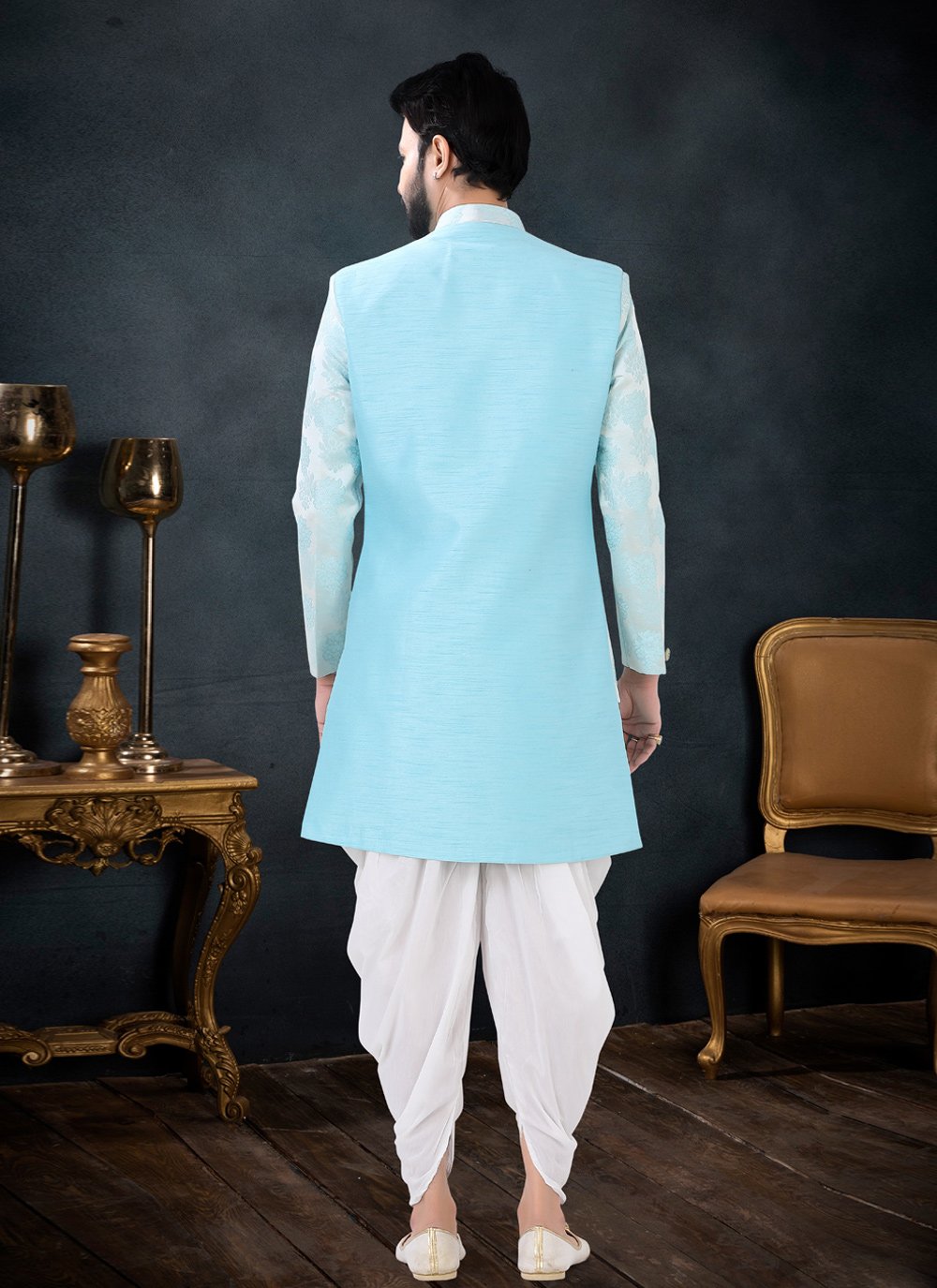 Indo Western Sherwani Jacquard Silk Aqua Blue Embroidered Mens