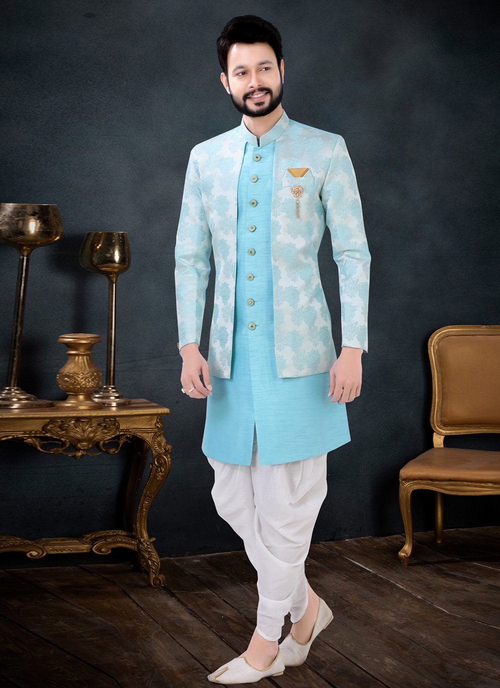 Indo Western Sherwani Jacquard Silk Aqua Blue Embroidered Mens