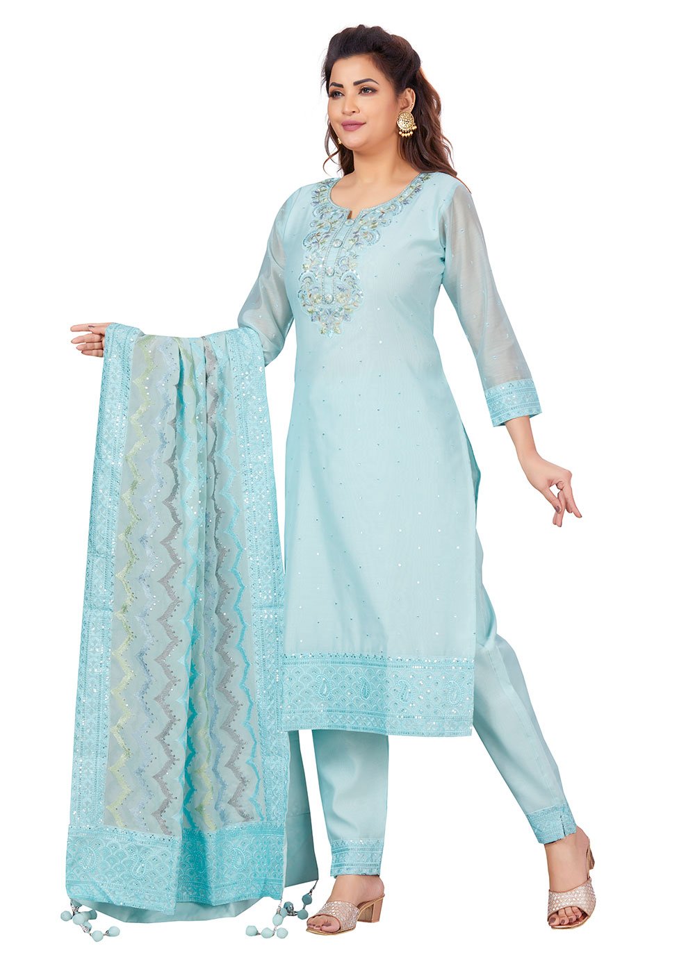 Pant Style Suit Chanderi Aqua Blue Embroidered Salwar Kameez