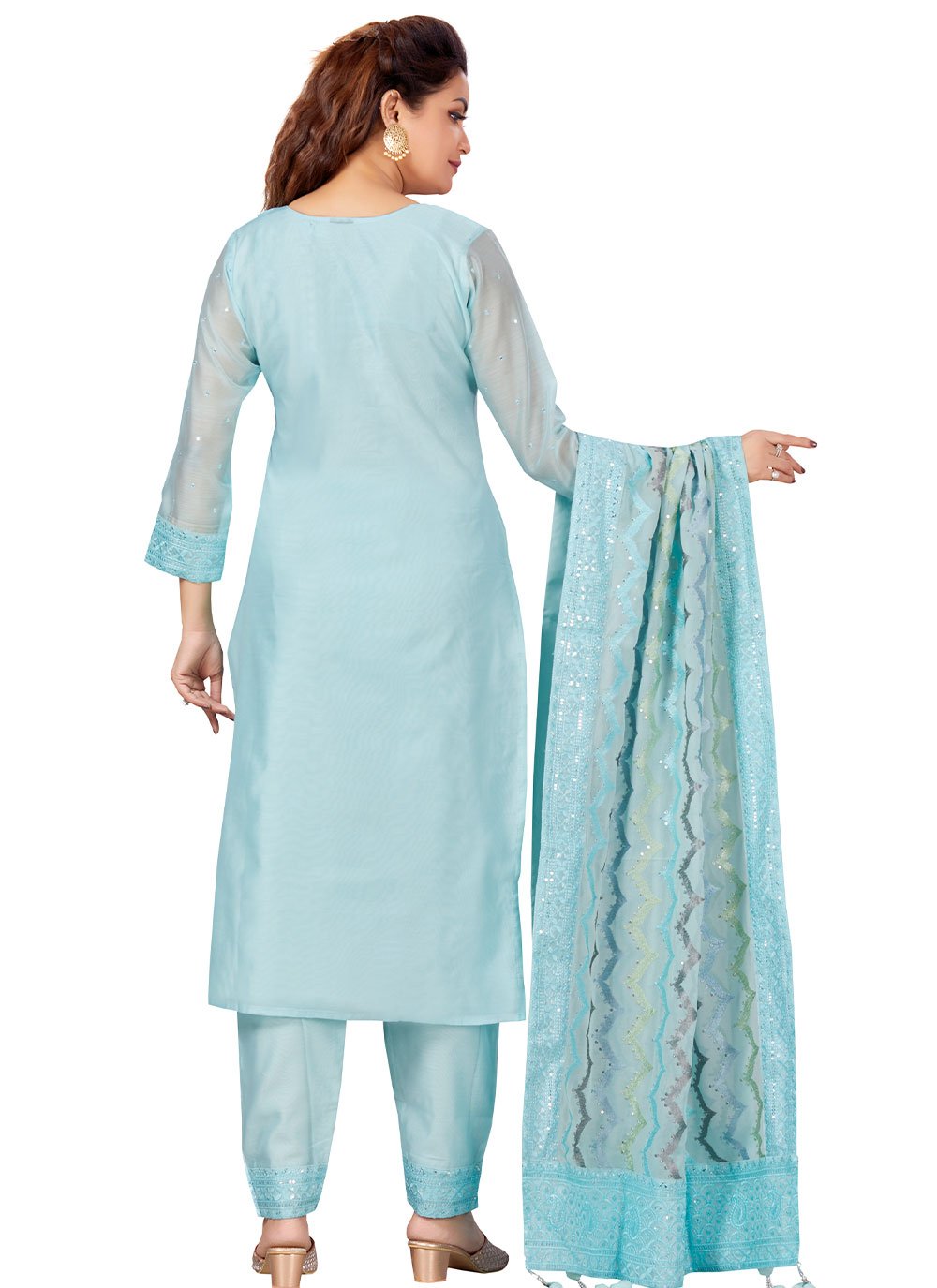 Pant Style Suit Chanderi Aqua Blue Embroidered Salwar Kameez