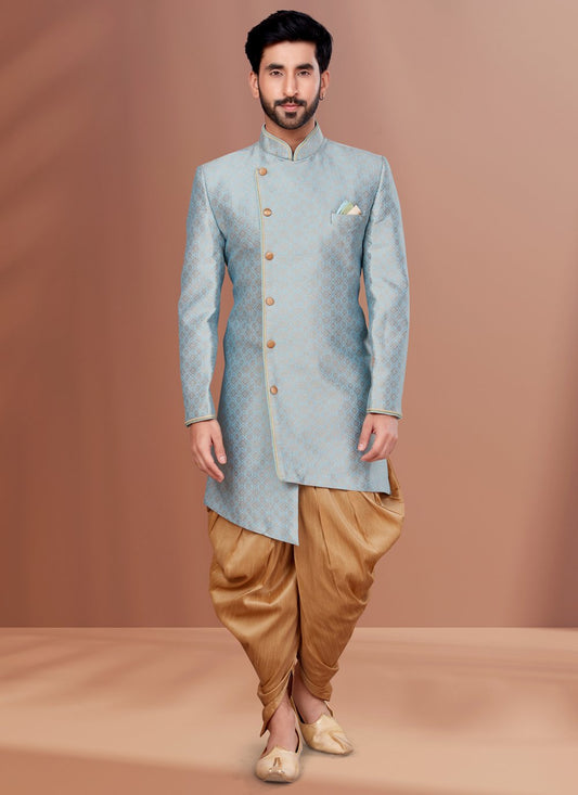 Indo Western Jacquard Aqua Blue Fancy Work Mens