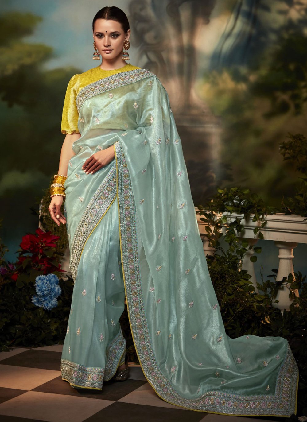 Contemporary Fancy Fabric Aqua Blue Fancy Work Saree