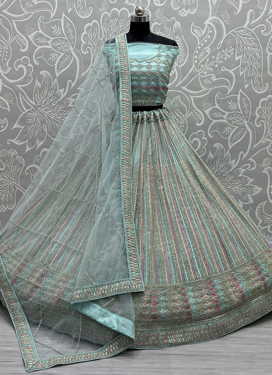 Lehenga Choli Net Aqua Blue Embroidered Lehenga Choli