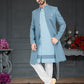 Indo Western Fancy Fabric Aqua Blue Embroidered Mens