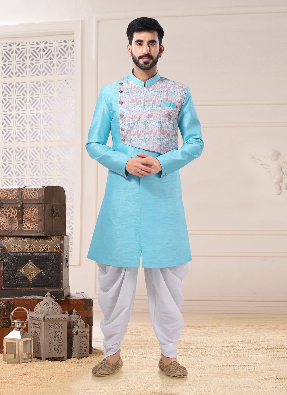 Indo Western Silk Aqua Blue Fancy Work Mens