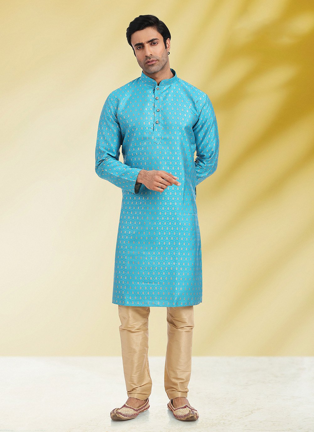 Kurta Pyjama Jacquard Aqua Blue Fancy Work Mens