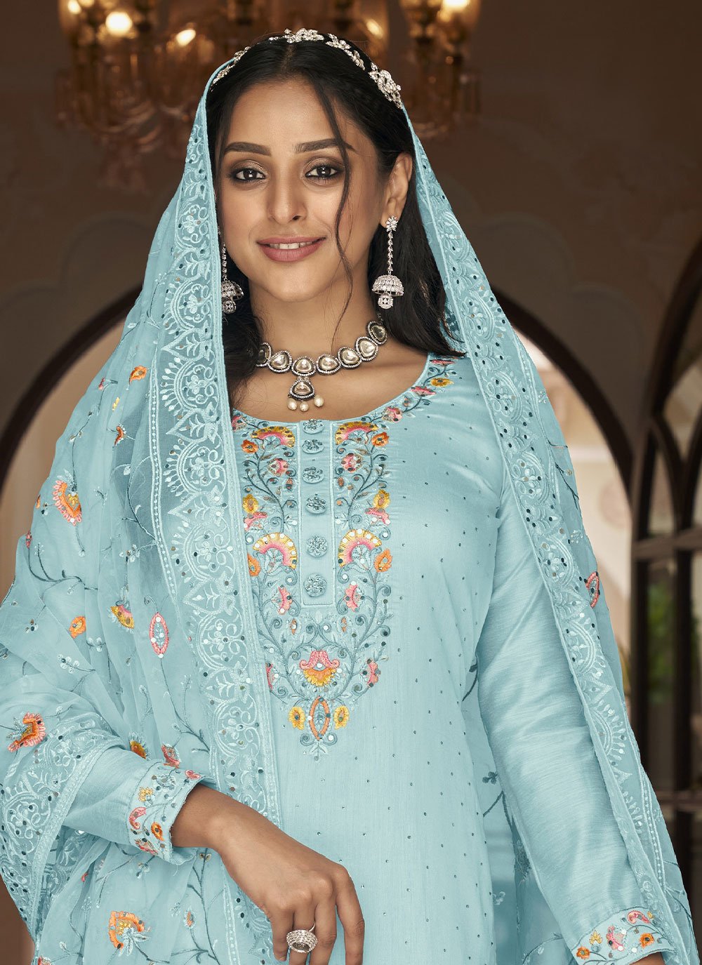 Salwar Suit Faux Georgette Aqua Blue Embroidered Salwar Kameez