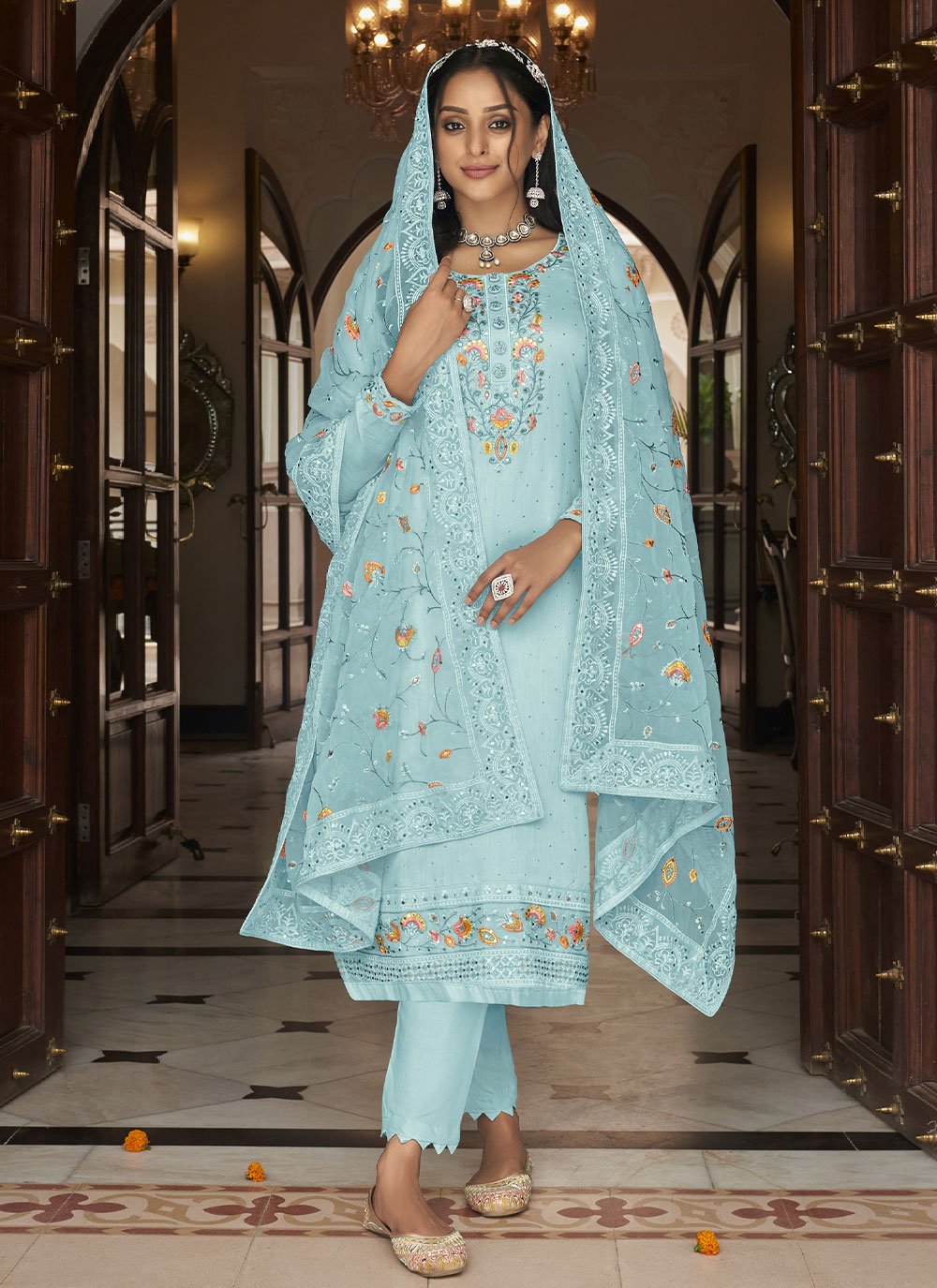 Salwar Suit Faux Georgette Aqua Blue Embroidered Salwar Kameez