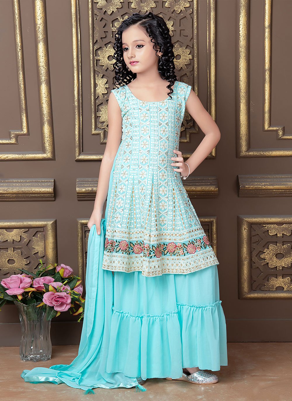 Salwar Suit Faux Georgette Aqua Blue Embroidered Kids