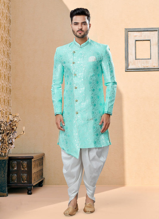 Indo Western Sherwani Banarasi Jacquard Aqua Blue Thread Mens