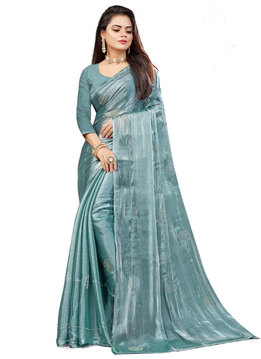 Contemporary Chiffon Aqua Blue Embroidered Saree