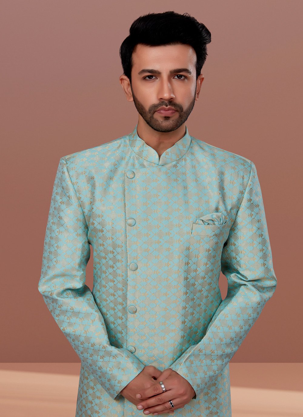 Indo Western Jacquard Aqua Blue Fancy Work Mens