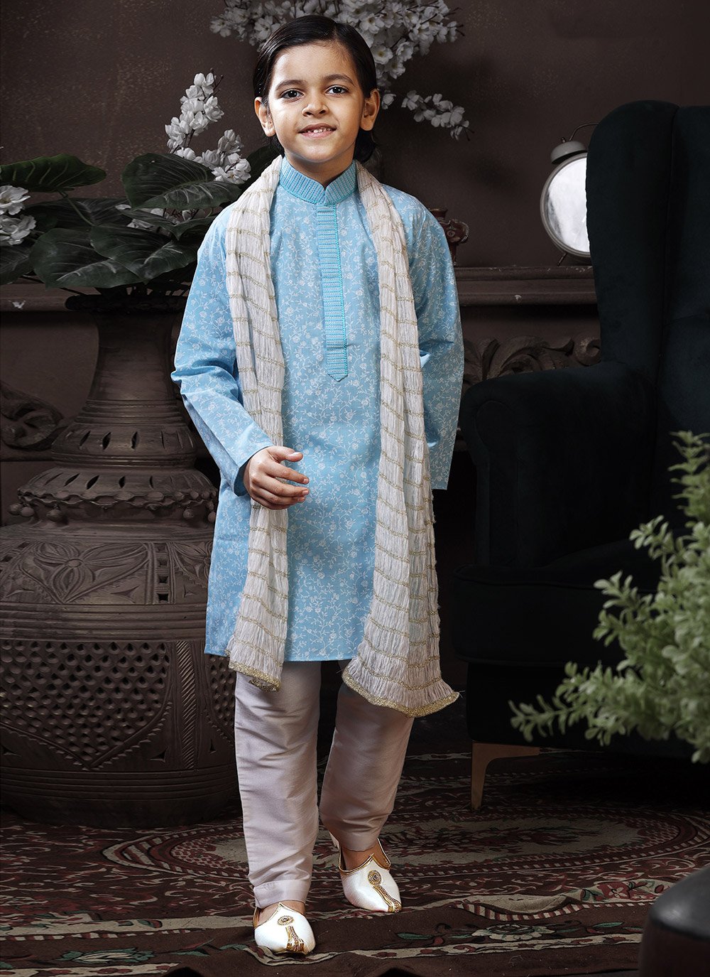 Kurta Pyjama Cotton Aqua Blue Print Kids