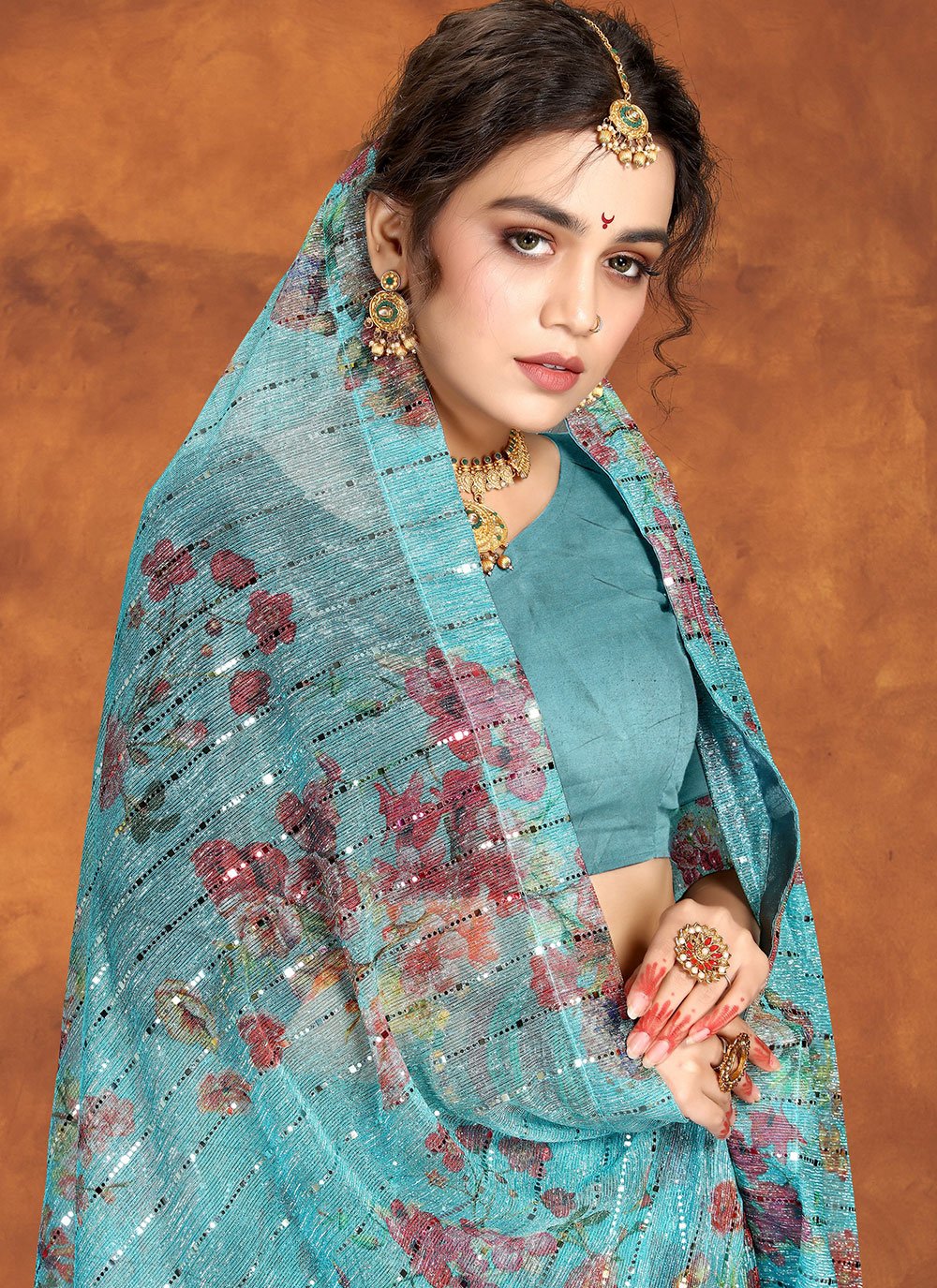 Classic Net Aqua Blue Digital Print Saree