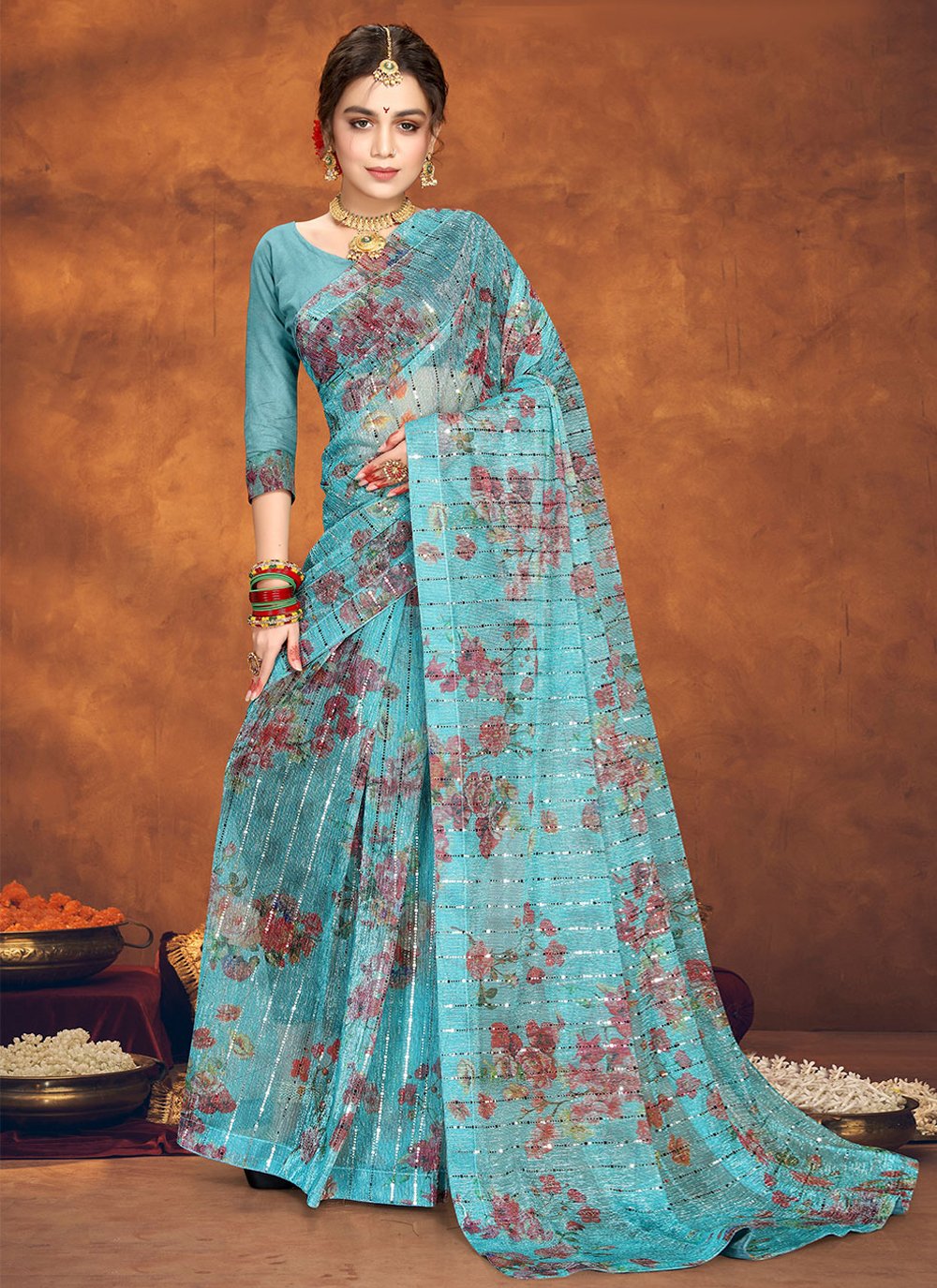 Classic Net Aqua Blue Digital Print Saree