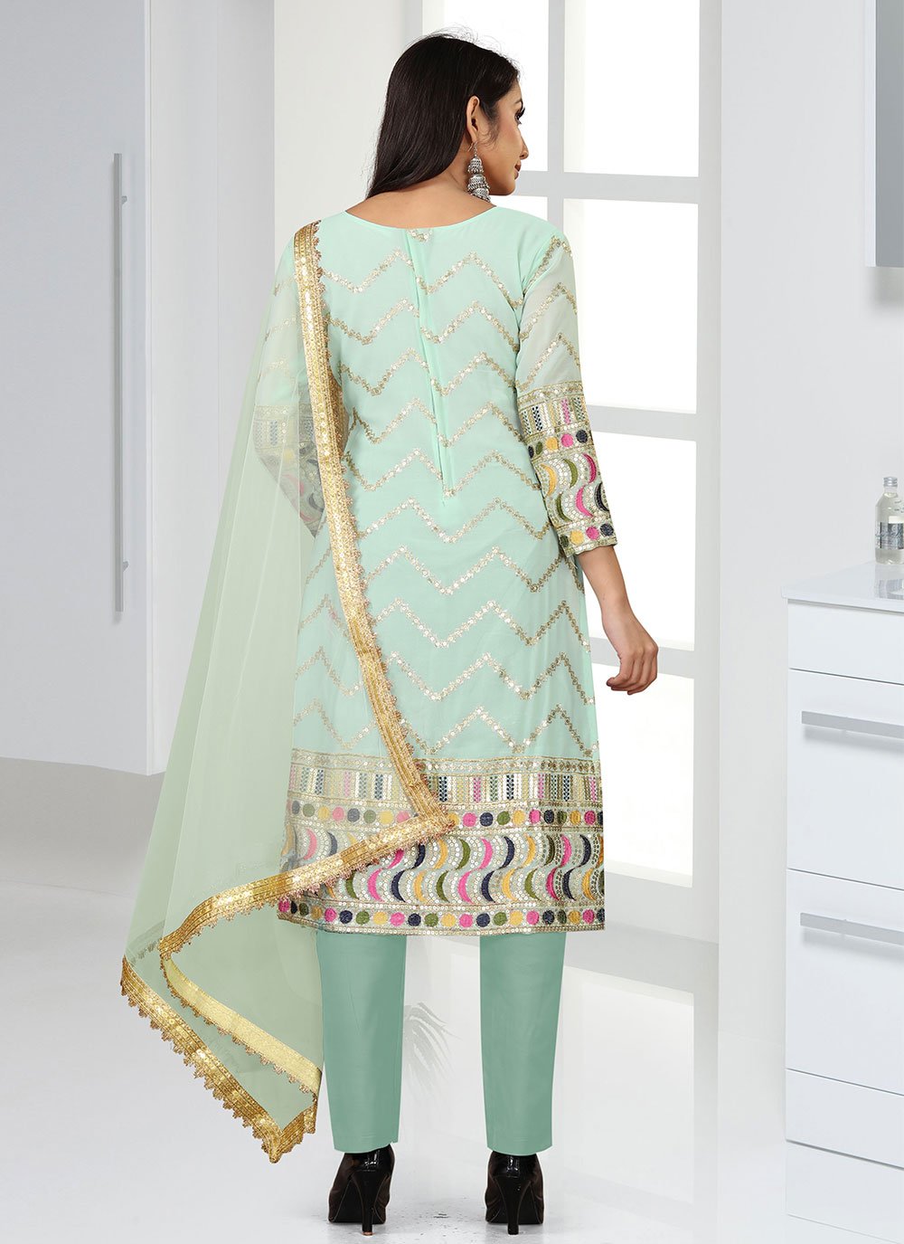 Salwar Suit Faux Georgette Aqua Blue Embroidered Salwar Kameez